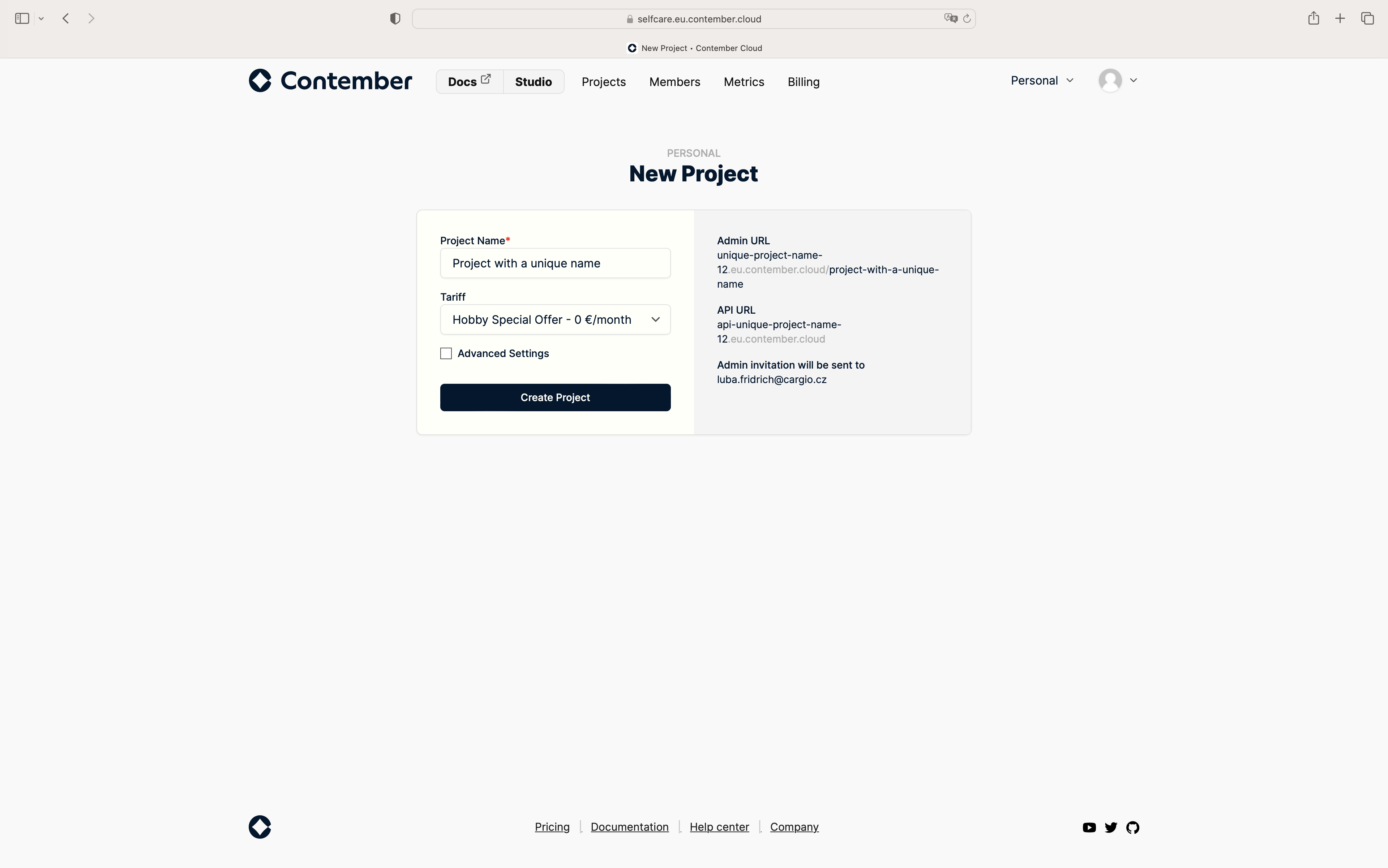 Contember Cloud: create project
